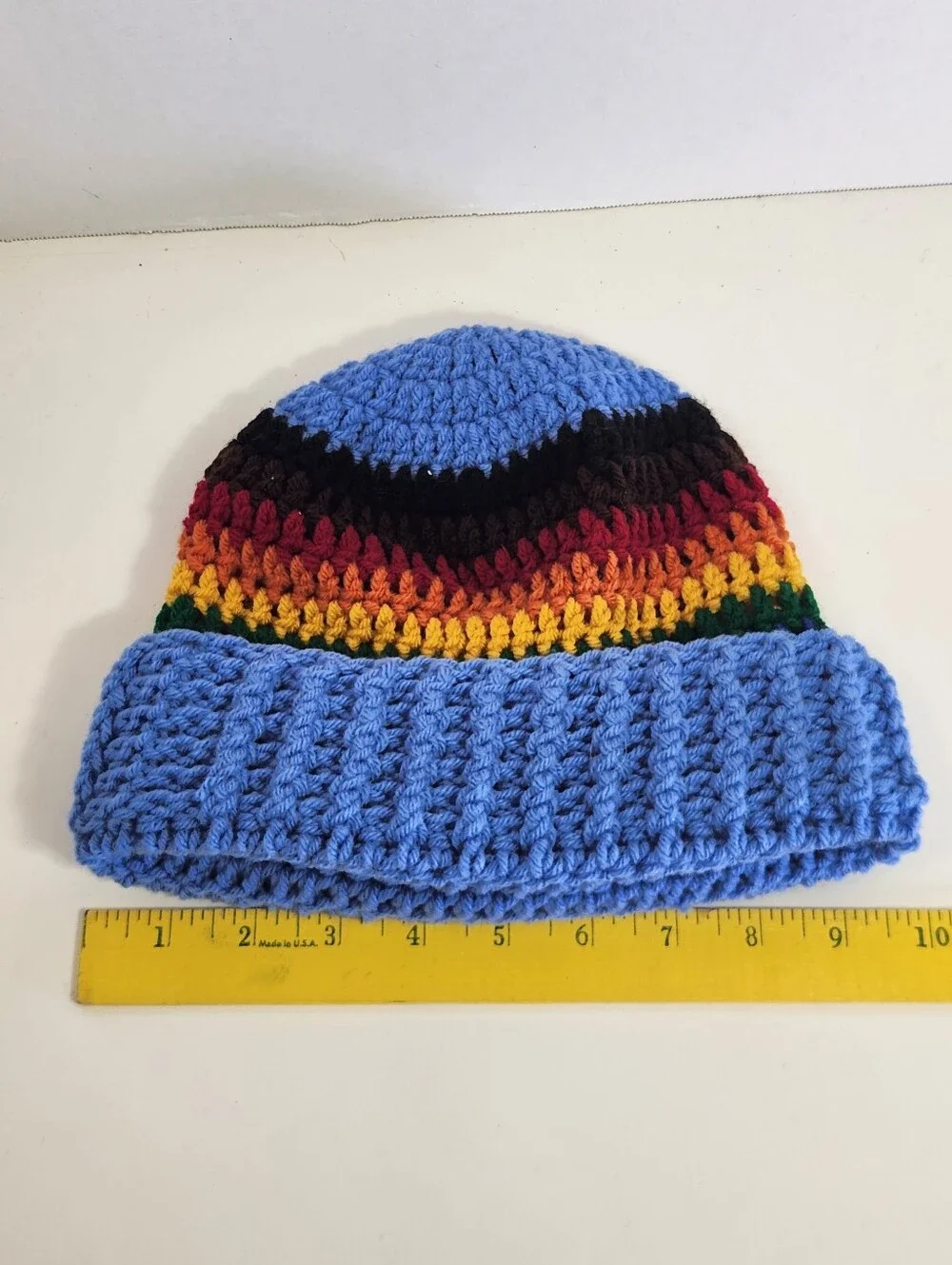 Handmade Crochet Knit Cap Beanie Hat Blue with Rainbow Stripe One Size